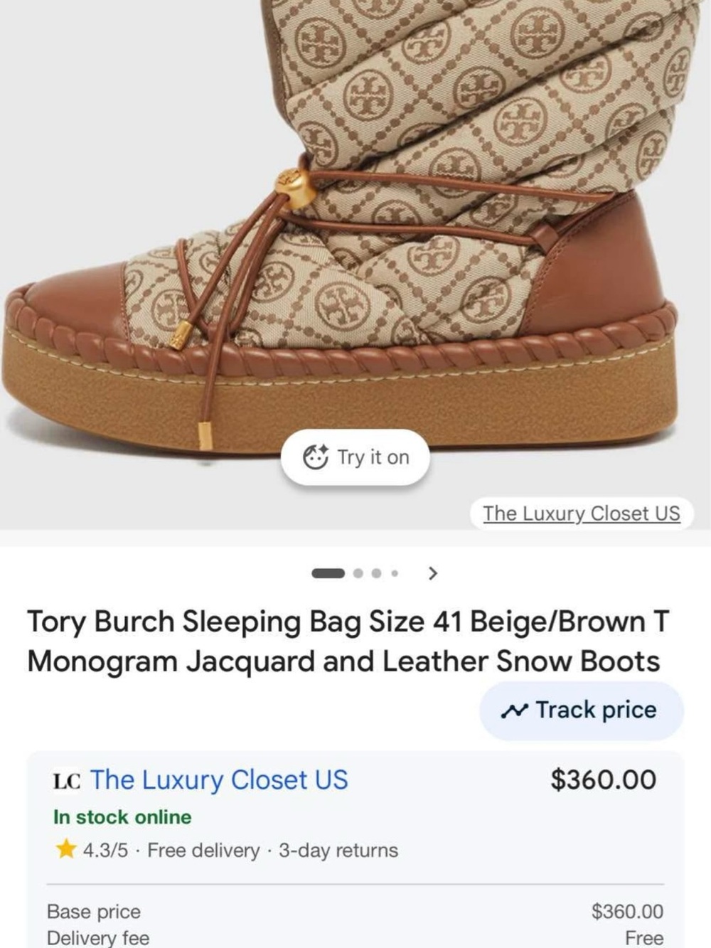 Tory Burch Beige and Brown Monogram Quilted Kids Snow Boots
